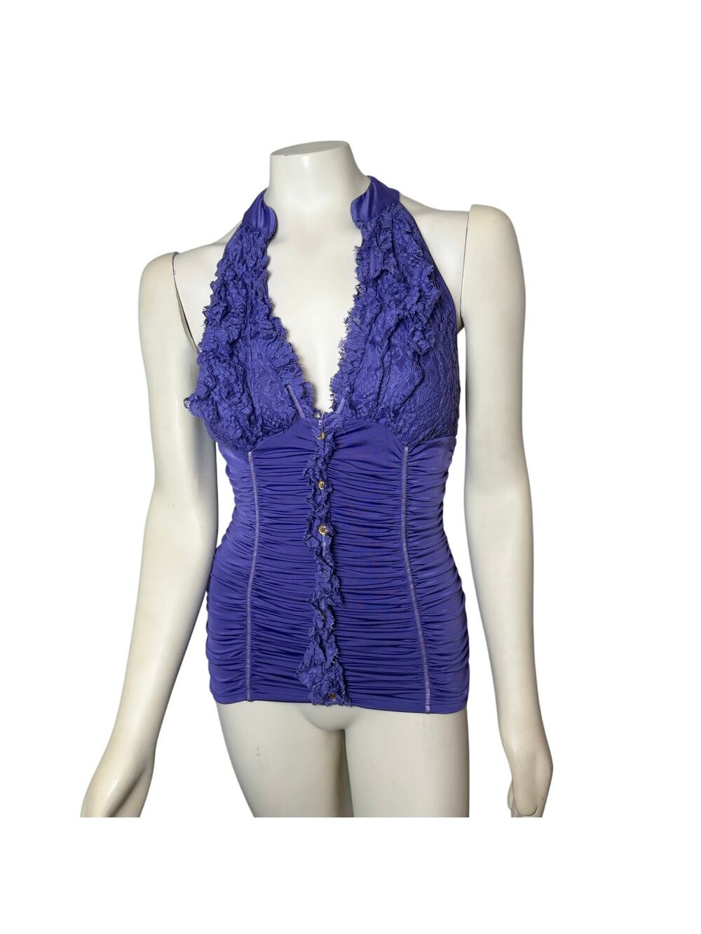 XOXO Purple Women's Corset Style Button Down Lace Back Halter Top